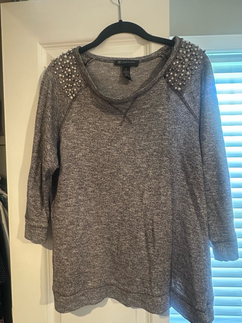 INC International Concepts Silver-Gray Pearl-Shoulder Sweatshirt